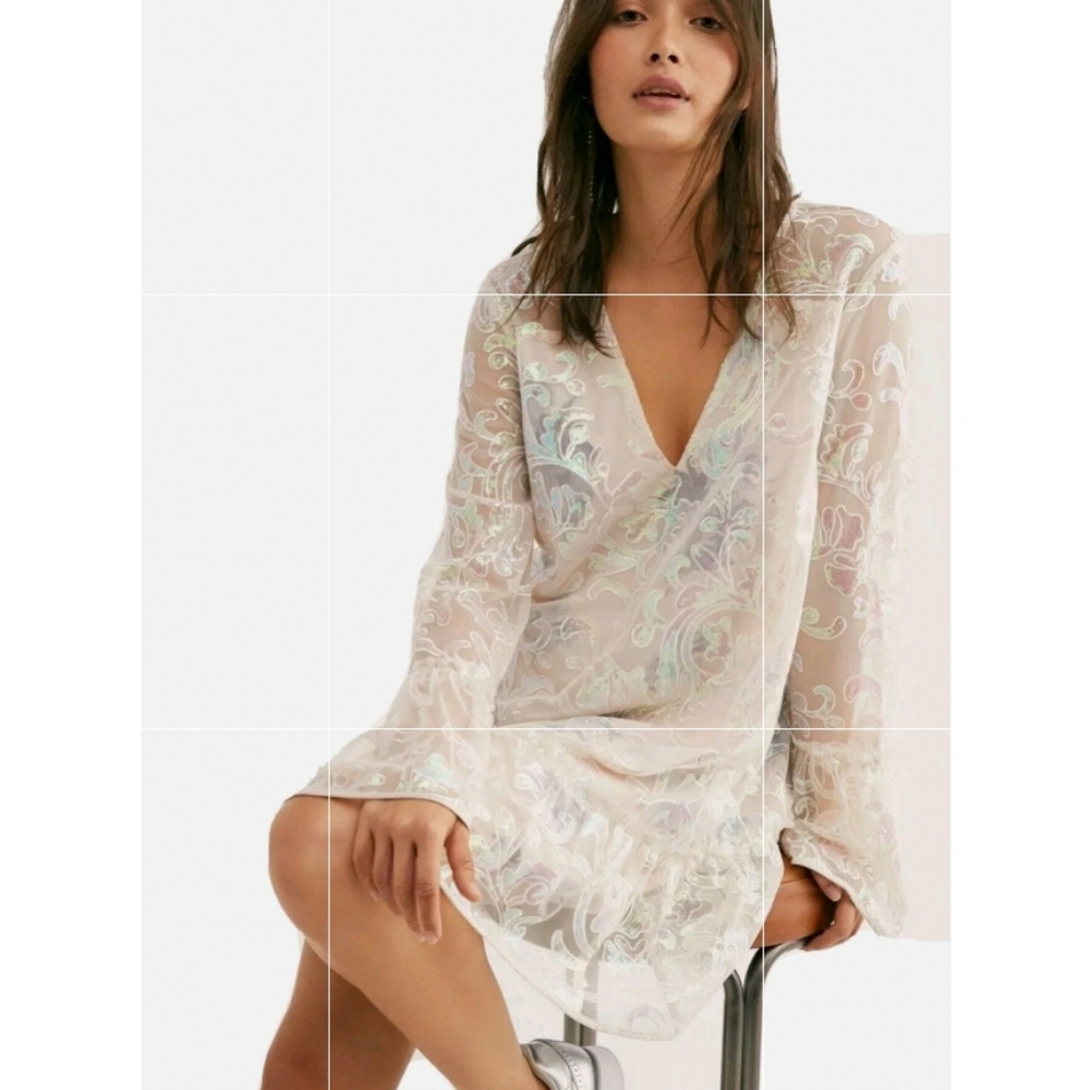 NWT FREE PEOPLE MEDIUM FALLING FLOWERS FLOCK MESH SEQUIN LONG SLEEVE DRESS IVORY